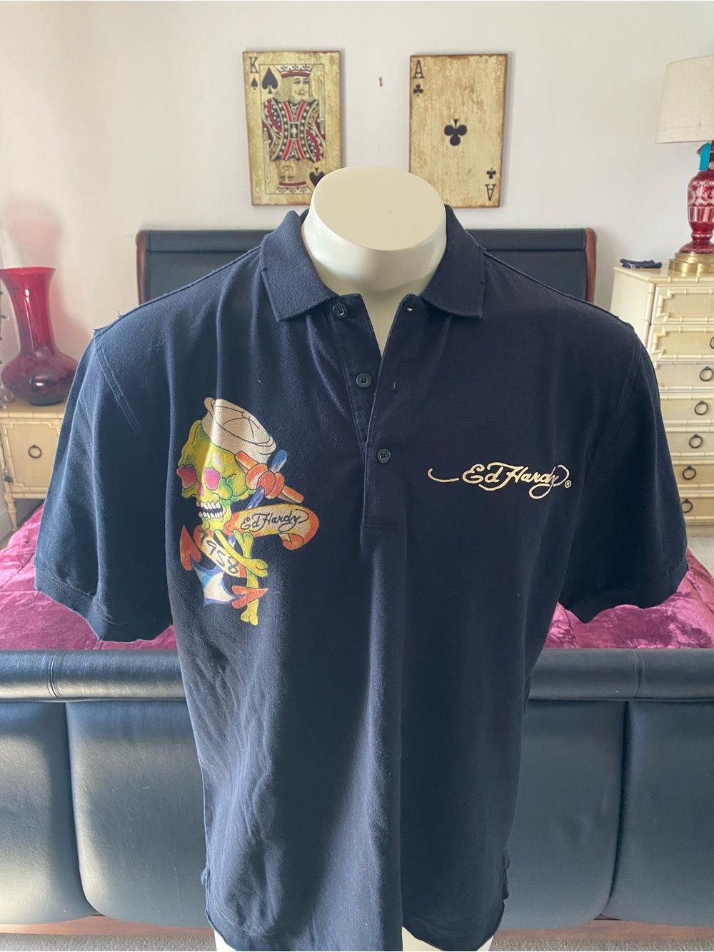 Ed Hardy Black Polo with Colorful Skull Graphic